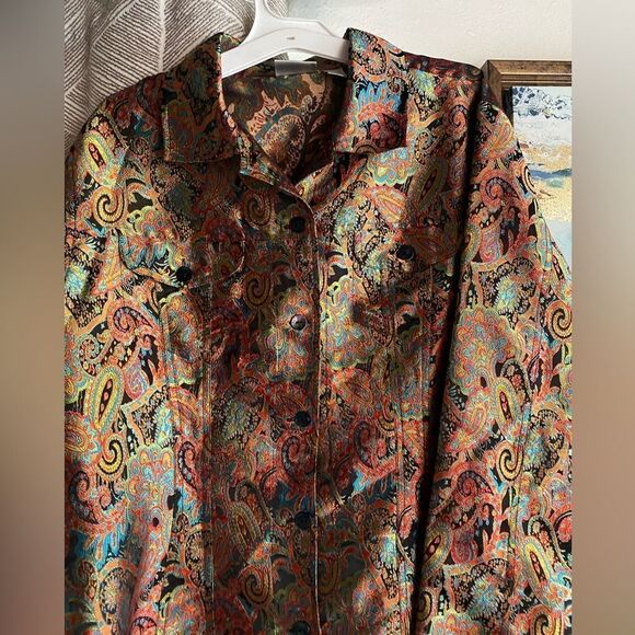 Chico's Jacket Womans Sz M Silk Blend Paisley Multicolor Metallic Button Pocket - Picture 3 of 16
